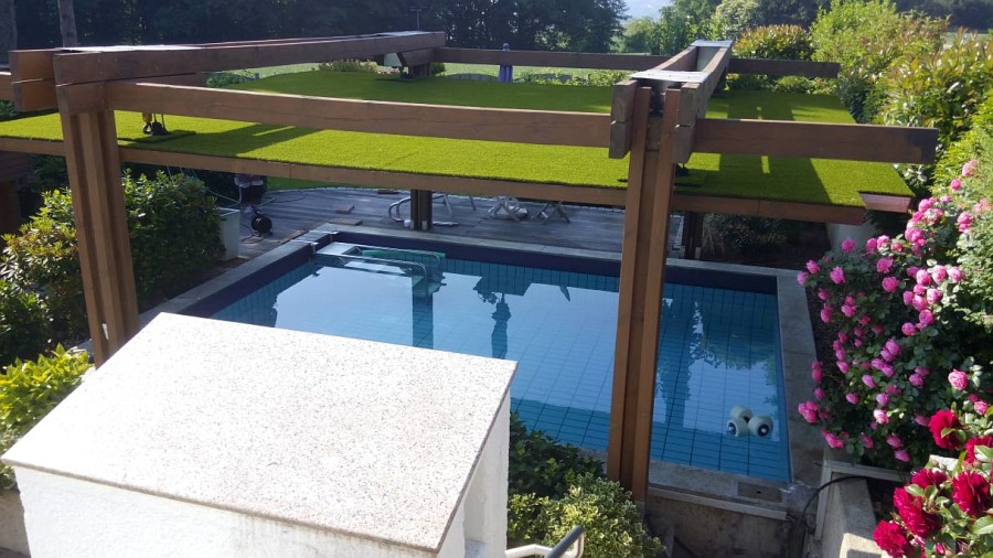 Detailansicht der Poolumrandung und Garten-Renovierung