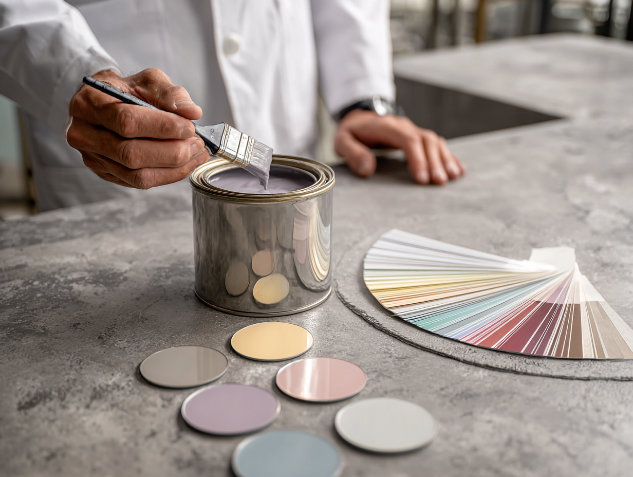 Fachberater beim Mischen individueller Wandfarben im Farbstudio